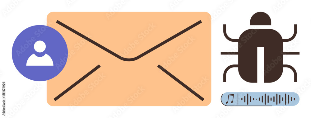 Poster email envelope, user profile icon, malware bug, and data waveform highlight digital threats. ideal f