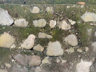 Mossy Stone Wall Texture. A close-up of an old wall made of various sized stones, heavily covered and joined by green moss and dirt