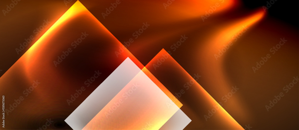 Poster abstract geometric shapes overlap, creating fiery orange glow against dark background. smooth gradie