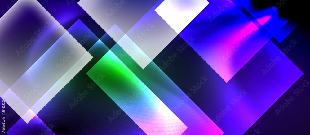 Poster abstract composition featuring overlapping squares. vibrant colors blend, creating luminous effects.