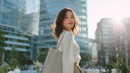 都会のオフィス街を歩くビジネスカジュアルな装いの日本人女性「生成AI」