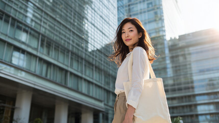 都会のオフィス街を歩くビジネスカジュアルな装いの日本人女性「生成AI」