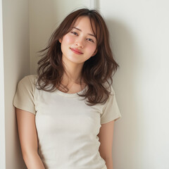 白い部屋で笑顔を見せるナチュラルな雰囲気の日本人女性「生成AI」