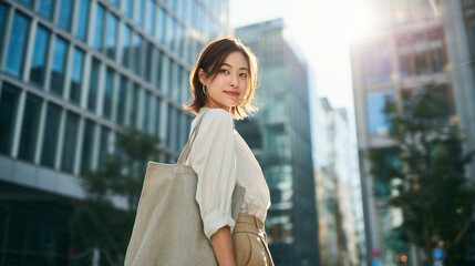 都会のオフィス街を歩くビジネスカジュアルな装いの日本人女性「生成AI」