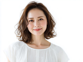白背景で微笑むナチュラルな美しさの女性ポートレート「生成AI」