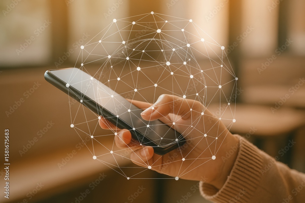 Poster hand with smartphone connected to global network concept visualization