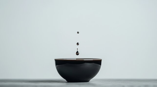 39.A minimalistic shot of an espresso glass with a smooth coffee surface, a drop of liquid suspended above, creating a sense of motion and energy against the stark white background.