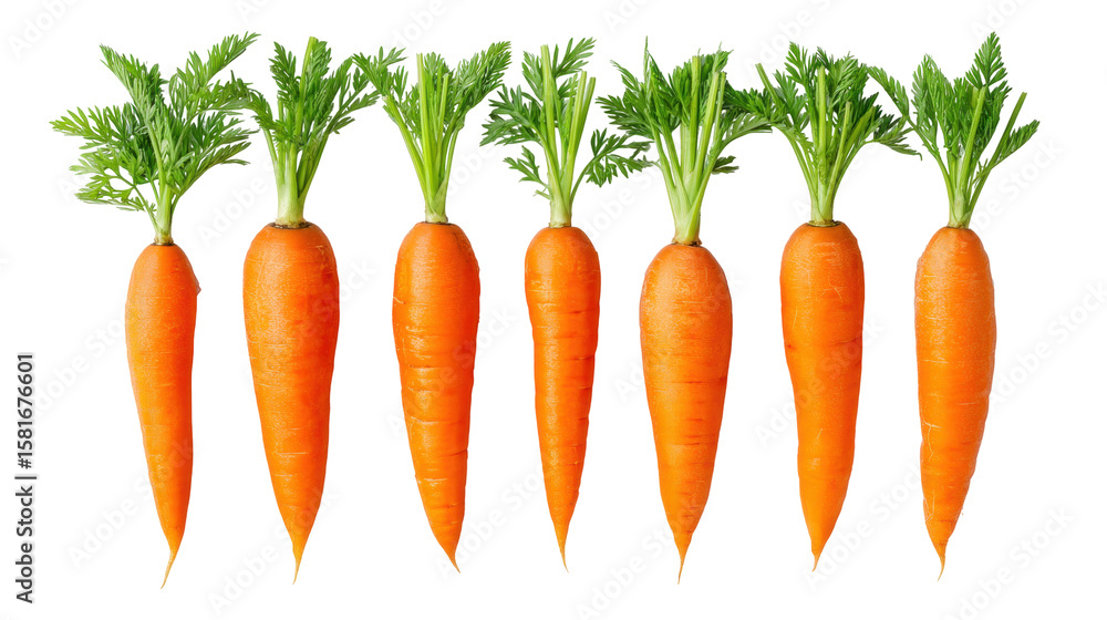 Poster fresh isolated carrots on transparent background with green leaves arranged in row