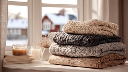 Stacked sweaters on a windowsill, winter scene