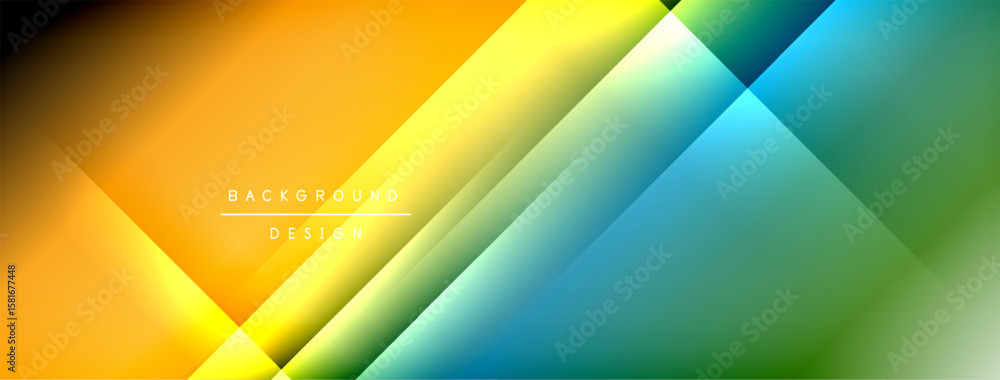 Poster abstract gradient background. geometric shapes overlap creating vibrant color transitions. text read