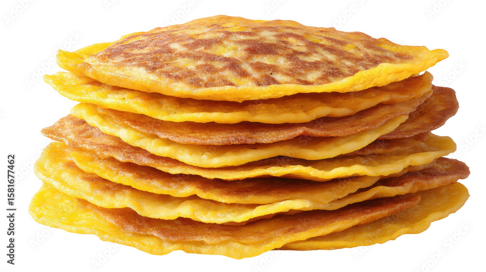 Poster stack of isolated golden pancakes on transparent background with crispy edges