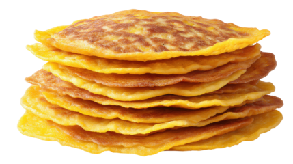 Stack of isolated golden pancakes on transparent background with crispy edges