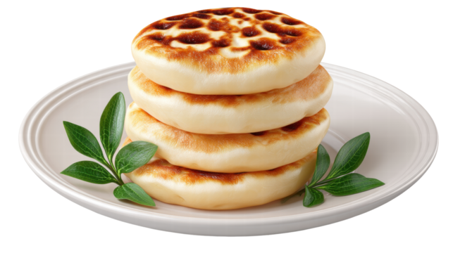 Isolated stack of round flatbread on white plate with green leaves on transparent background