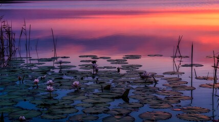 Tranquil Lily Pond at Sunset with Water Lilies and Reeds