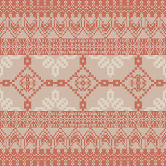 Obraz premium Earthy Tone Traditional Embroidery Art Abstract with Pixel Art Designs for Textile Print