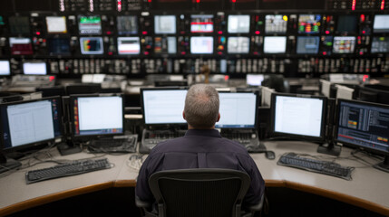 person monitors multiple computer screens in a high-tech control room filled with digital panels and data displays.