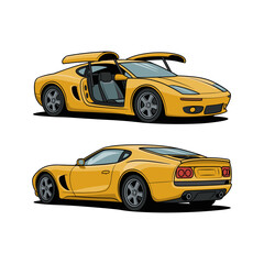 Yellow sports car with doors open and rear view illustration