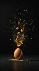 Fototapeta premium Brown Egg Yolk Breaking in Midair with Shell Fragments and Golden Dust Against Black Background