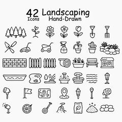 Obraz premium 42 Hand-Drawn Landscaping Icons Set for Garden Outdoor Design