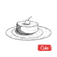 tasty cheese cake on the plate with cherry for garnish. hand drawing cake