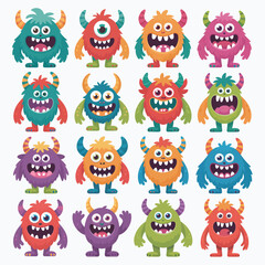Naklejka premium Collection of sixteen colorful cartoon monsters with big eyes and teeth