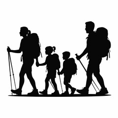 Family hiking together with backpacks and trekking poles on a white background