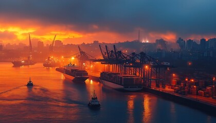 Obraz premium Vibrant Sunset at Industrial Port with Cargo Ships, Symbolizing Supply Chain Disruption