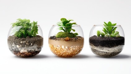 Three glass terrariums, each filled with soil, small plants, and decorative elements