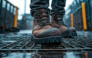 Close-up of worn safety boots on wet industrial metal flooring
