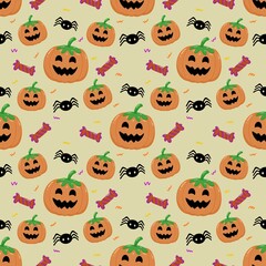 Halloween cute seamless pattern, hand drawn illustration pattern. Halloween cute ghost, pumpkin, bat, hat witch and broom.
