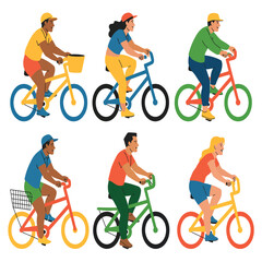 Fototapeta premium Diverse group of people enjoying cycling on colorful bicycles in a flat design style
