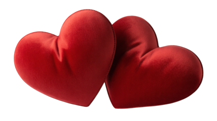 Two plush red hearts isolated on a transparent background soft fabric