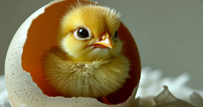 Newly hatched chick emerging from eggshell in soft light