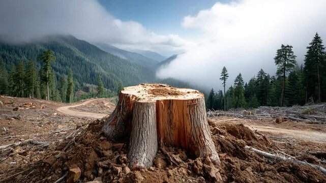 Deforestation's Impact: A stark visual narrative unfolds, revealing the consequences of environmental damage. A prominent tree stump stands as a somber testament amid a landscape of ecological change.