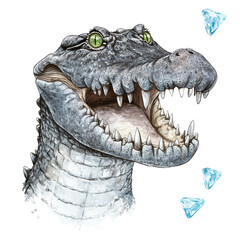 Obraz premium Illustration of a fierce crocodile with detailed scales and teeth opening mouth with floating diamonds