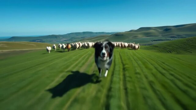 A border collie expertly herds sheep across a vibrant green field under a clear blue sky Hills rise in the distance against the horizon