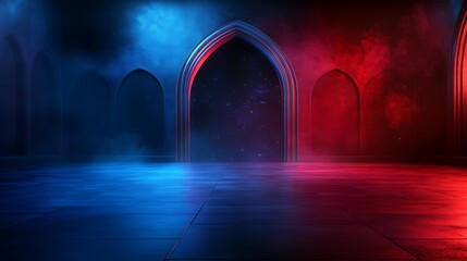 A dark room with arches and vibrant light