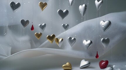 Silver and gold hearts with soft and creamy white background 