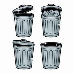 Set of four stylized cartoon trash cans with lids and one filled with cubes