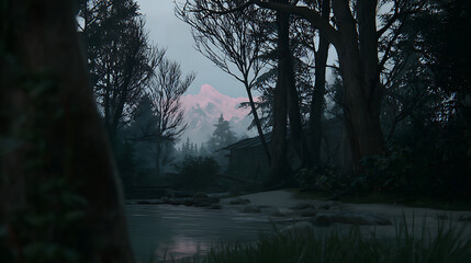 Obraz premium A mountain range is visible in the distance behind a forest