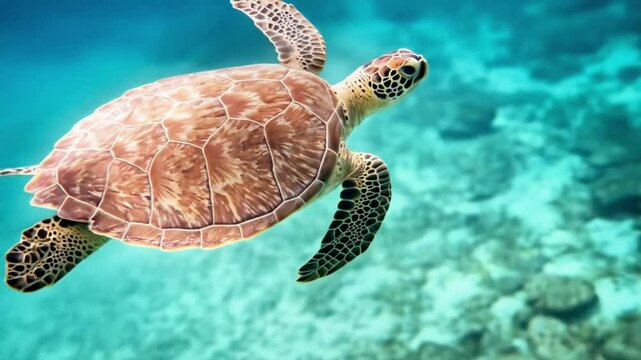 A beautiful sea turtle gracefully swims in the clear turquoise ocean, showcasing its patterned shell and flippers.