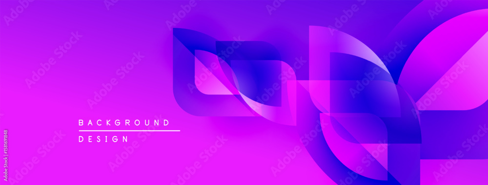 Poster abstract purple design features overlapping shapes. gradient colors create dynamic visual effect. mo