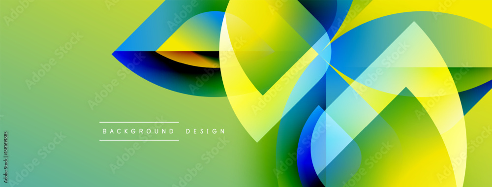 Poster abstract vibrant shapes overlap, creating dynamic composition. green background enhances colorful de