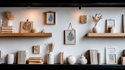 A shelf filled with books and vases, with a white background