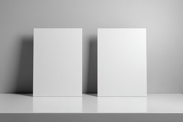 Two blank white posters on a white surface against a gray background
