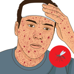 A man with dengue fever puts a fever-reducing patch on his forehead, illustration on white background
