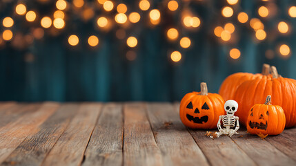 Halloween Party Card - Pumpkins And Skeleton In Graveyard At Night With Wooden Board 30970943 1