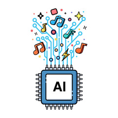 AI Music Creation. Illustration showcasing an AI chip connected to digital circuits, releasing musical notes and various sound symbols. reflecting the role of AI in music.
