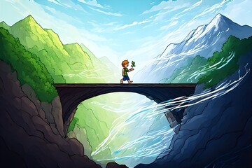 Young boy carries plant seedling across bridge spanning vibrant, contrasting mountain landscapes.