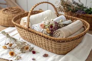 Freshly laundered towels are neatly arranged in a rustic basket with floral accents